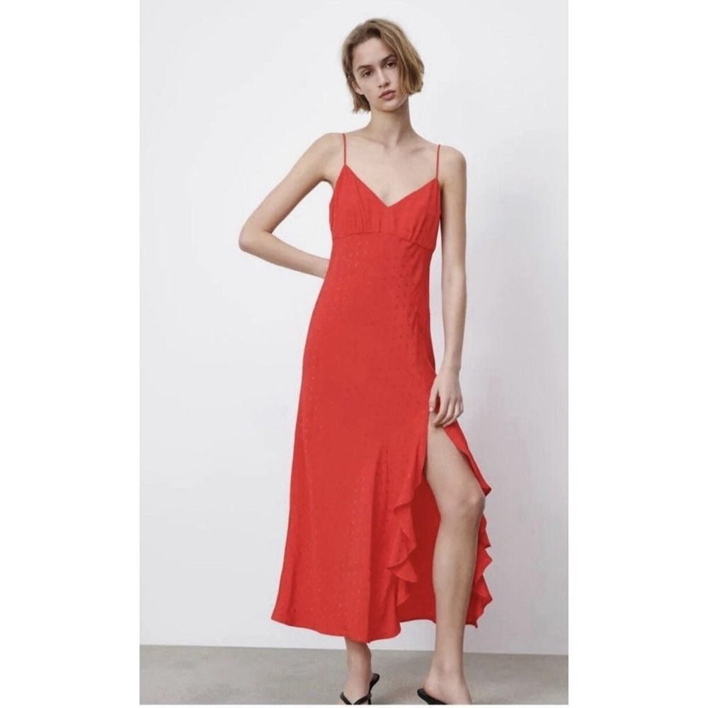 Zara Women's Jacquard Dotted Slip Red Midi Dress Size Medium